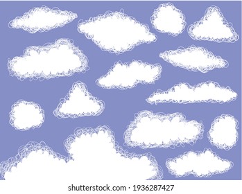 Set of clouds. View of cloudy sky.Vector illustration. White clouds on blue background. White clouds of different shapes on a blue background. Fluffy clouds. Cloud collection.
