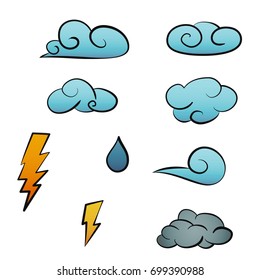 Set of clouds, water drop and lightning in vintage retro style. Design elements for old school tattoo, background hipster cover, poster. Cartoon vector illustration.