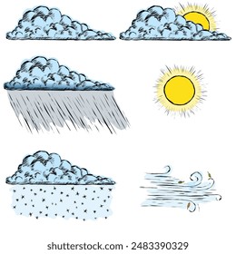 A set of clouds and weather conditions for the weather forecast. Black Hand Sketch Stroke. Vector illustration