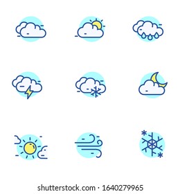 Set of clouds and weather icons in linear color style isolated on white background 