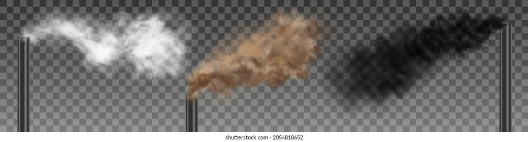 A set of clouds of white, brown and black smoke coming from factory chimneys. Air pollution concept. Realistic vector illustration isolated on transparent background.