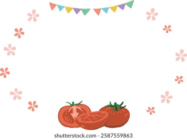 Set of cloud-shaped frame illustration materials with flowers and tomatoes.