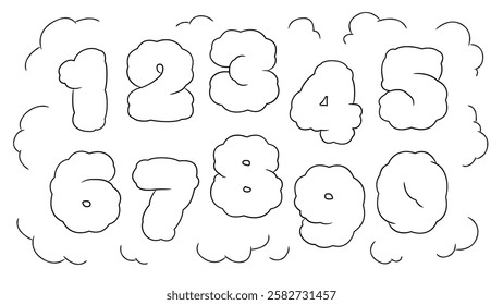 Set of cloud-shaped numbers figures with rough handwritten lines with a manga cartoon touch