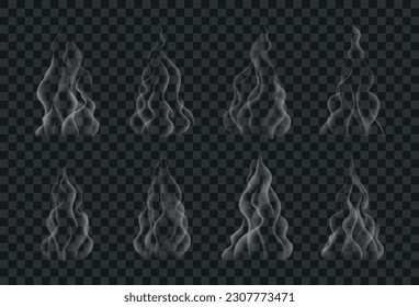 Conjunto de vapor caliente turbio y turbio, aislado sobre un fondo transparente. Efecto de humo ondulado blanco realista. Ilustración del vector