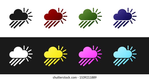 Set Cloudy with rain and sun icon isolated on black and white background. Rain cloud precipitation with rain drops.  Vector Illustration