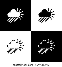 Set Cloudy with rain and sun icon isolated on black and white background. Rain cloud precipitation with rain drops.  Vector Illustration
