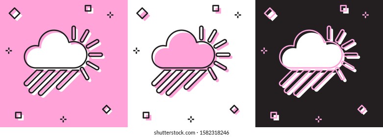 Set Cloudy with rain and sun icon isolated on pink and white, black background. Rain cloud precipitation with rain drops.  Vector Illustration