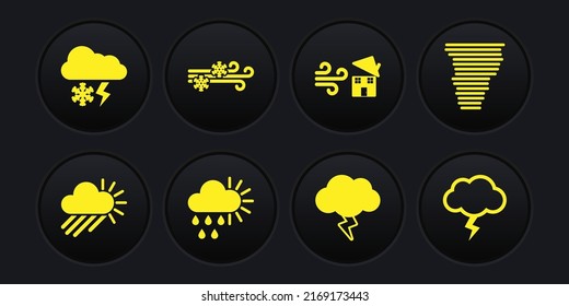 Set Cloudy with rain and sun, Tornado, Storm, swirl, Wind snow,  and lightning icon. Vector