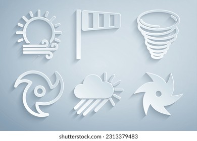 Set Cloudy with rain and sun, Tornado, Cone windsock wind vane and Wind icon. Vector