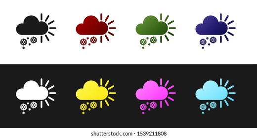 Set Cloudy with snow icon isolated on black and white background. Cloud with snowflakes. Single weather icon. Snowing sign.  Vector Illustration