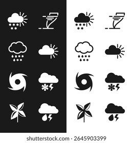 Set Cloudy, with snow and rain, Tornado, lightning,  and Pinwheel icon. Vector