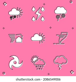 Set Cloudy with snow, Storm, and rain, Tornado swirl,  and sun icon. Vector