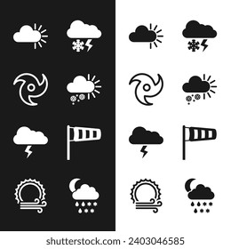 Set Cloudy with snow, Tornado, and lightning, Storm, Cone meteorology windsock wind vane, rain, moon and Wind sun icon. Vector