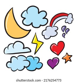 Set cloudy weather doodles element design isolated on white background.