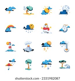 Set of Cloudy Weather Flat Icons 

