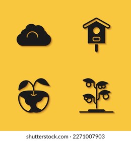 Set Cloudy weather, Sprout, Apple and Bird house icon with long shadow. Vector