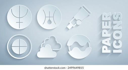 Set Cloudy weather, Telescope, Earth globe, Planet, Symbol Uranus and Neptune planet icon. Vector