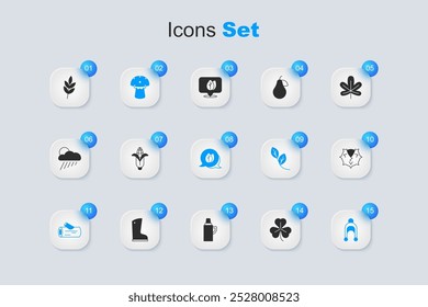 Set Clover, Corn, Mushroom, Wooden log, Winter hat, Chestnut, Leaf and  icon. Vector