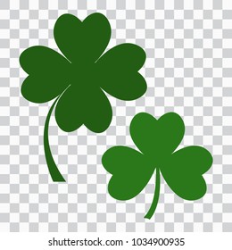 Set of clover icon, three and four leaves. Green on  transparent background. Vector illustration