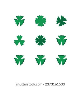 Set of clover icon with three and four petals Green shamrock plant isolated on white background Saint Patrick day Floral decoration elements Good luck charm Vector collection