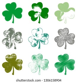 Set of Clover leaf in grunge style isolated on a white background. Distressed Patriks Day shamrock design element collection. Trefoil cutout shabby grainy template. EPS10 vector.