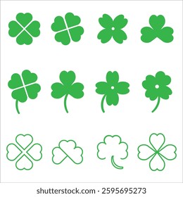 Set of clover leaf icons in various styles. Flat vector illustration. Perfect for St. Patrick's Day, nature themes, and good luck symbols.