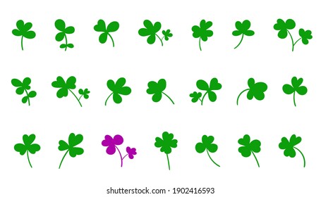 Satz Kleeblatt. Sammlung von magischen Pflanzen. Dekoration für den St. Patrick's Day, Wanderungen und Vierböden. Shamrock. Irische Geschichte. Einzeln auf Weiß. Vektorgrafik.