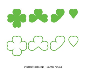 Set of clover leaves in flat and outline style. Vector.
