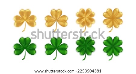 Set of clover leaves on a white background. Green and gold shamrock and quatrefoil 3D symbol of St. Patrick's Day good luck. Vector illustration.