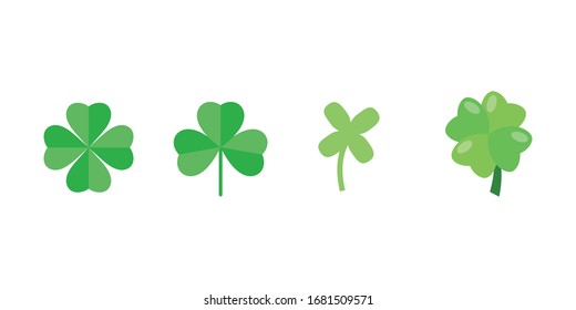 A set of clover leaves with three and four petals. Clipart for St. Patrick's Day. Symbol of good luck.