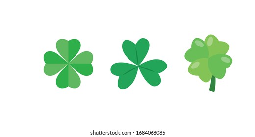 A set of clover leaves with three and four petals. Clipart for St. Patrick's Day. Symbol of good luck.