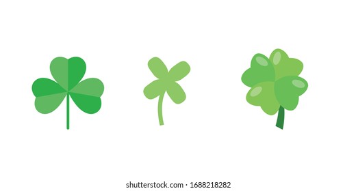 A set of clover leaves with three and four petals. Clipart for St. Patrick's Day. Symbol of good luck.