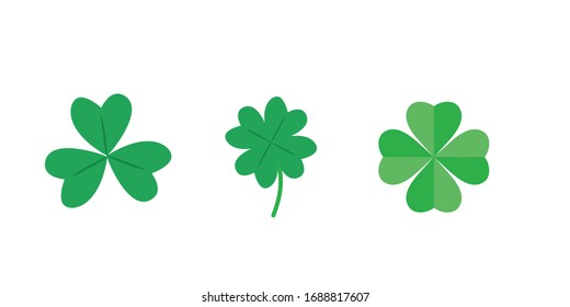 A set of clover leaves with three and four petals. Clipart for St. Patrick's Day. Symbol of good luck.