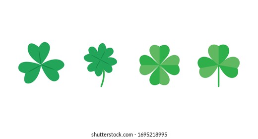 A set of clover leaves with three and four petals. Clipart for St. Patrick's Day. Symbol of good luck.