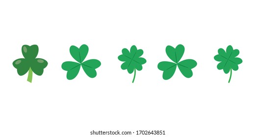 A set of clover leaves with three and four petals. Clipart for St. Patrick's Day. Symbol of good luck.