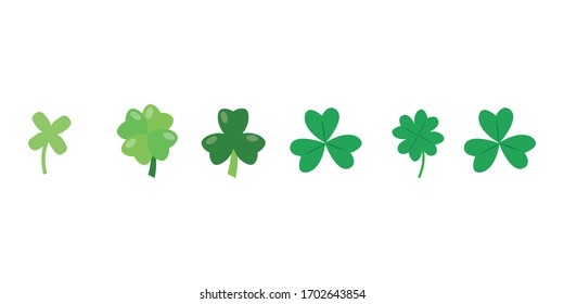 A set of clover leaves with three and four petals. Clipart for St. Patrick's Day. Symbol of good luck.