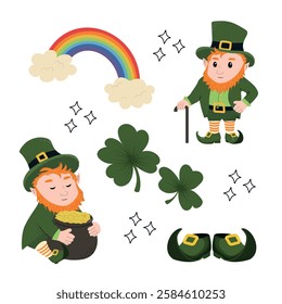 Set of clover, leprechaun boot, rainbow, leprechaun. Collection St. Patricks Day symbols. Vector illustration.