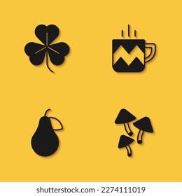 Set Clover, Mushroom, Pear and Cup of tea icon with long shadow. Vector