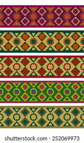 Set of clover seamless borders with hearts and geometric shapes in different colors.  Abstract floral borders. Border decoration elements patterns in vector