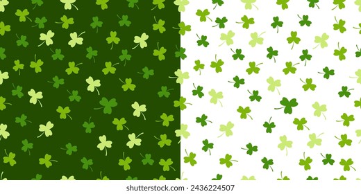 Set of Clover Seamless Pattern, tree leaf clovers for Saint Patrick's Day. Two patterns on white and dark green background. Vector repeat illustration