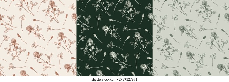 Set of clover seamless patterns. Vintage hand drawn botanical illustrations of wildflowers and shamrocks in different color palettes. Vector sketches of trefoil plants for wallpaper, textile, and