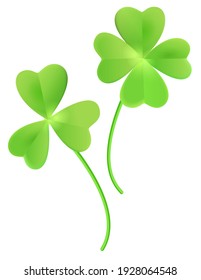 Set clover shamrock and green clover leaf quatrefoil lucky isolated on white. Vector cartoon illustration