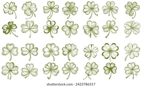 set of clover shamrock in outline old school sketch. st patrick's day concept