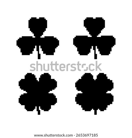 Set of Clover templates in pixel art style. Black solid good luck symbol. Four-leaf clover, botanical, labels. Isolated on white background