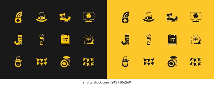 Set Clover trefoil leaf, Carnival garland with flags, Saint Patricks day calendar, Golden leprechaun coin, Glass of beer, Leprechaun boot, Pot gold rainbow and hat icon. Vector