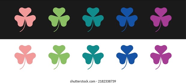 Set Clover trefoil leaf icon isolated on black and white background. Happy Saint Patricks day. National Irish holiday.  Vector