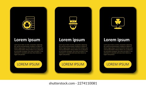 Set Clover trefoil leaf, Leprechaun and Golden leprechaun coin. Business infographic template. Vector