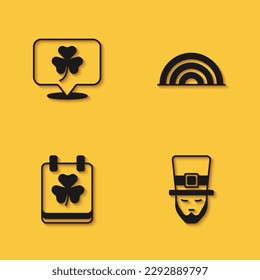 Set Clover trefoil leaf, Leprechaun, Saint Patricks day with calendar and Rainbow icon with long shadow. Vector