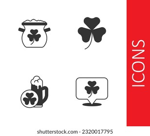 Set Clover trefoil leaf, Pot of gold coins, Glass beer and  icon. Vector