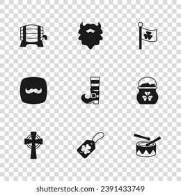 Set Clover trefoil leaf with tag, Pot of gold coins, Drum drum sticks, Leprechaun boot, Ireland flag clover, Wooden barrel on rack, Mustache beard and  icon. Vector